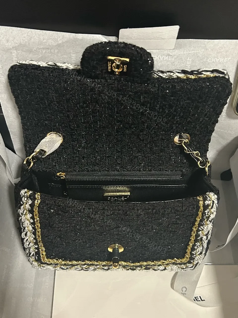 View 2 of Velvet Flap Bag with Gold-Edge Chain Detailing