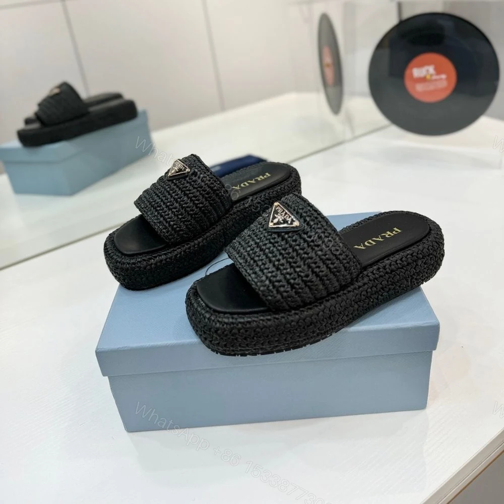 View 4 of Prada Natural Crochet Flatform Slides Gold Hardware Black