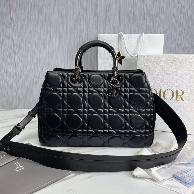 Black Leather Faux Dior Handbag: Diamond Quilted, Silver Hardware, D&R Charm, Top Handles/Shoulder Strap — view 1