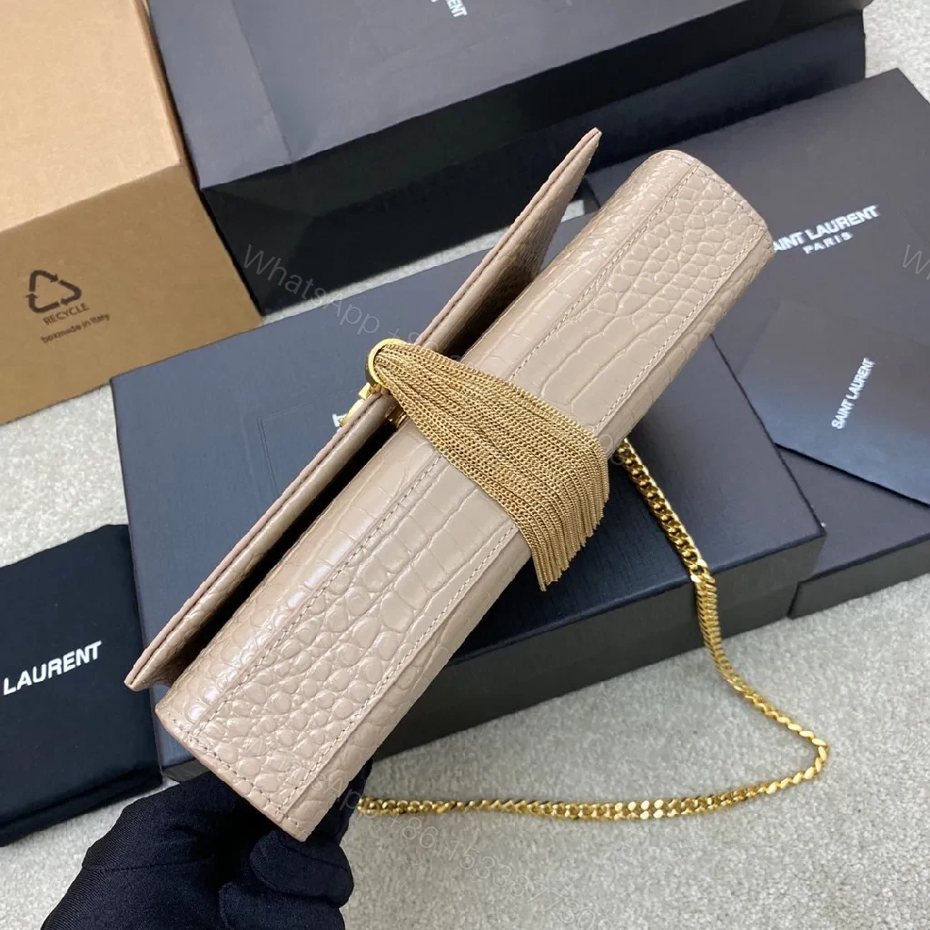 View 8 of Taupe Crocodile-Embossed Clutch with Gold Monogram and Tassel