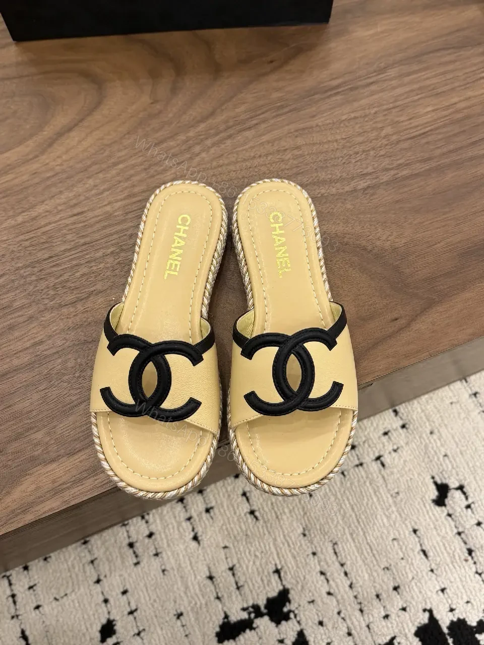 View 4 of Neutral Sand Leather Espadrille Slides with Logo Strap