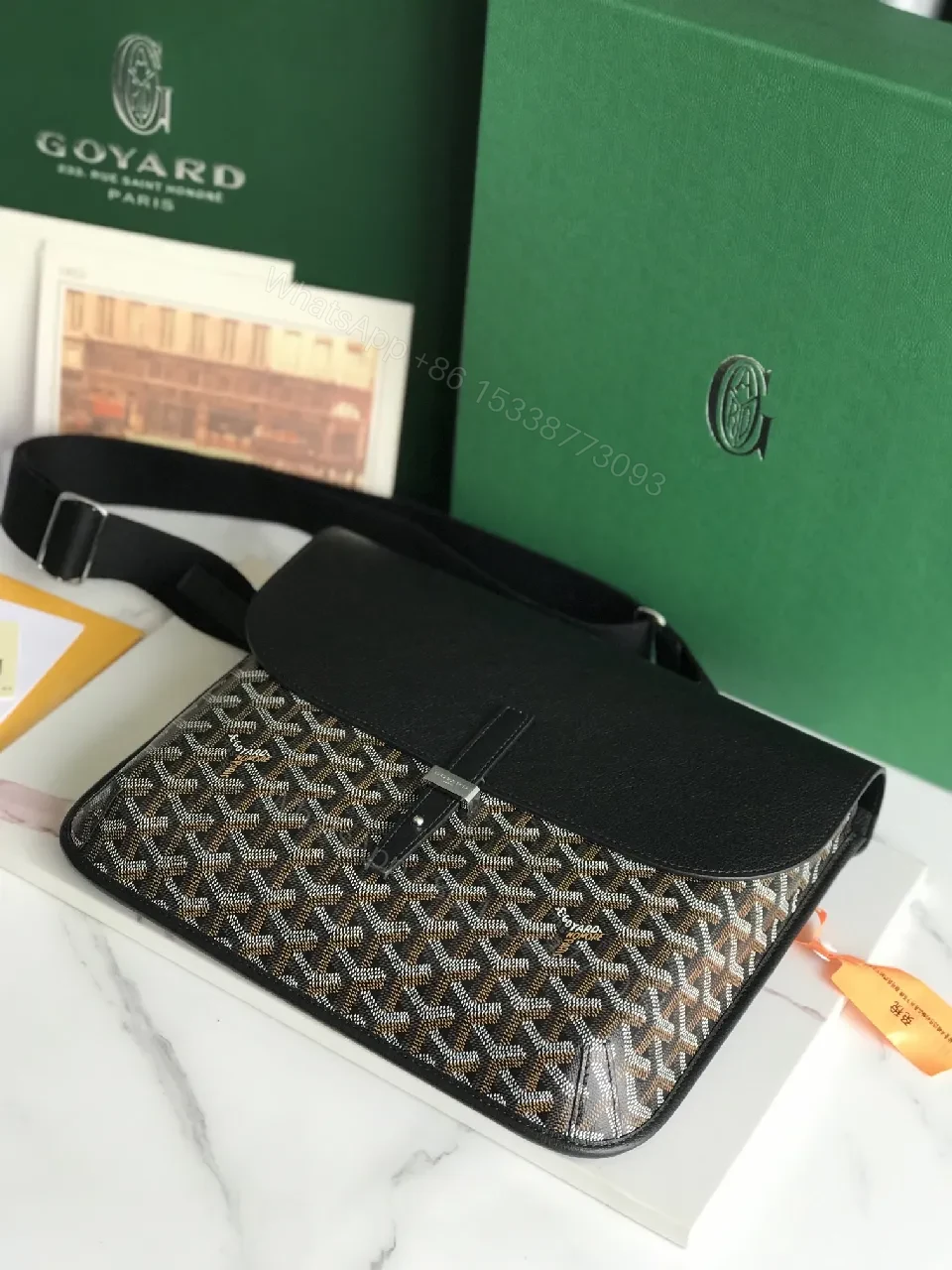 View 3 of Structured Black Leather & Patterned Panel Crossbody Bag