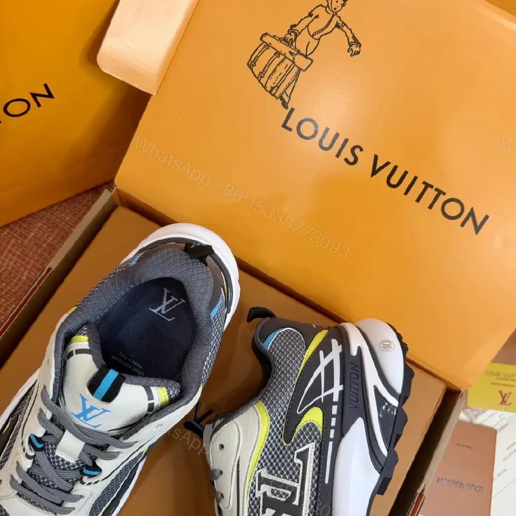 View 7 of Black Grey Mesh Runner Sneakers with Neon Accents, Louis Vuitton Style, Men's/Unisex
