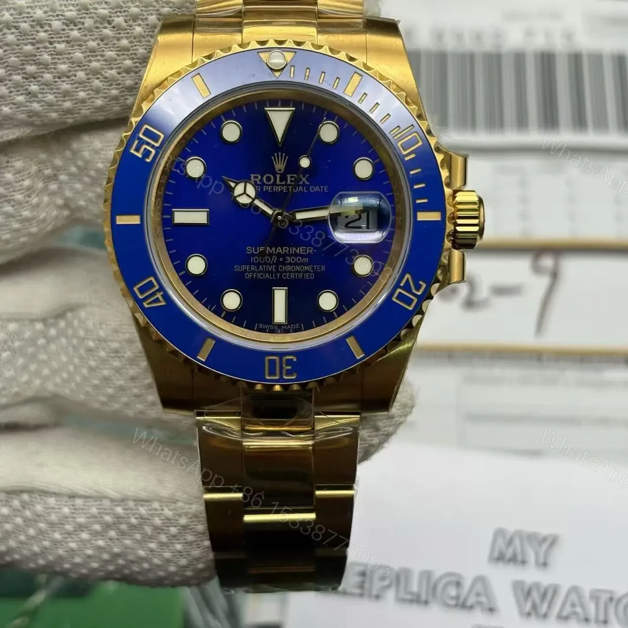 View 3 of Rolex Submariner Full Gold Blue Dial Swiss Clone Replica