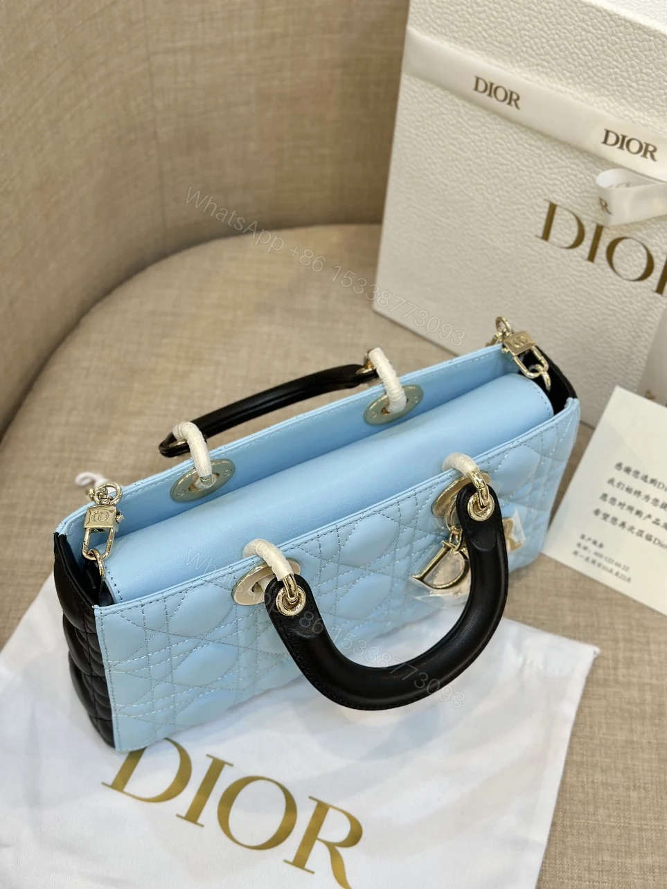 View 4 of Dior D-Joy Women’s Handbag, Ice Blue Cowhide Leather, Like Auth 26cm