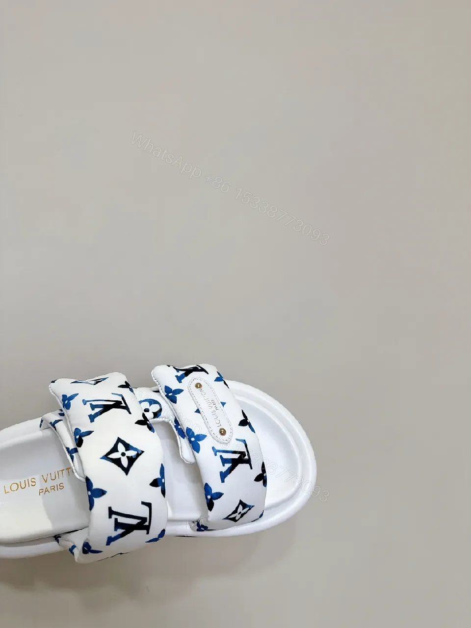 View 2 of White & Navy Designer-Inspired Slides: Bold Comfort, Monogram Style
