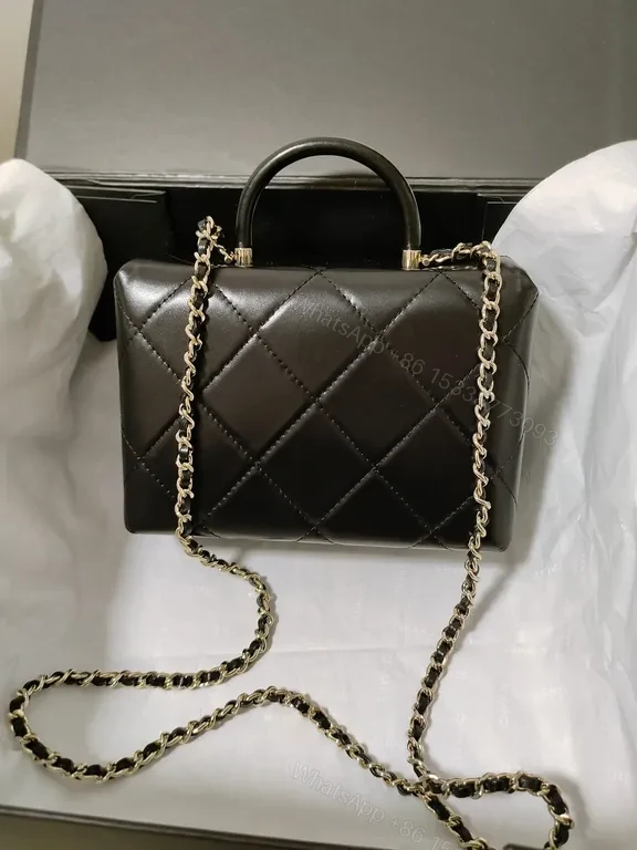 View 4 of Chic Quilted Black Leather Handbag, Gold Chain, Compact