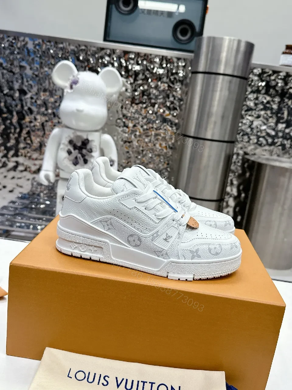 View 4 of Patterned White Leather Luxury Sneakers with Monogram Details