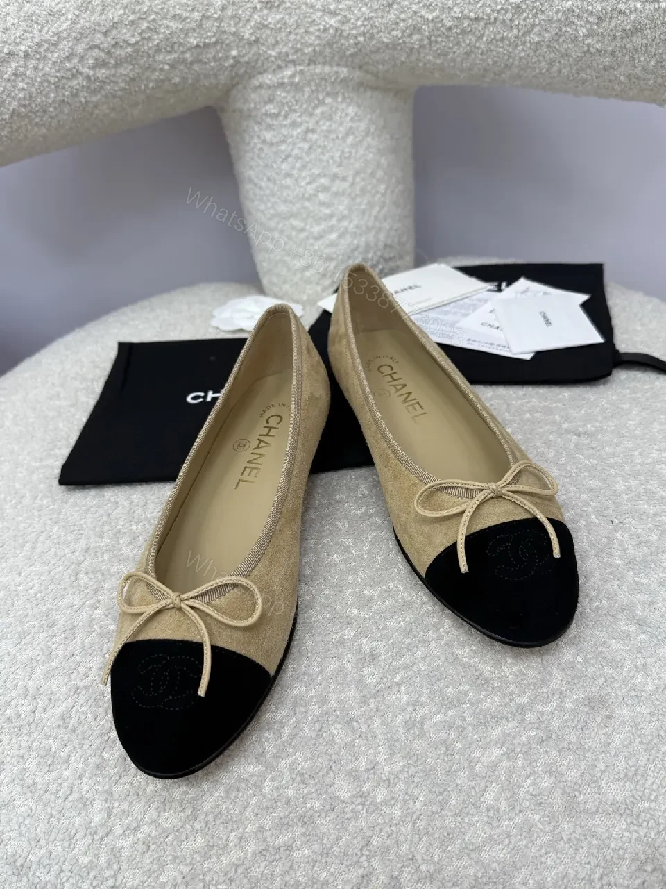 View 3 of Taupe & Black Two-Tone Ballet Flats with Bow Detailing