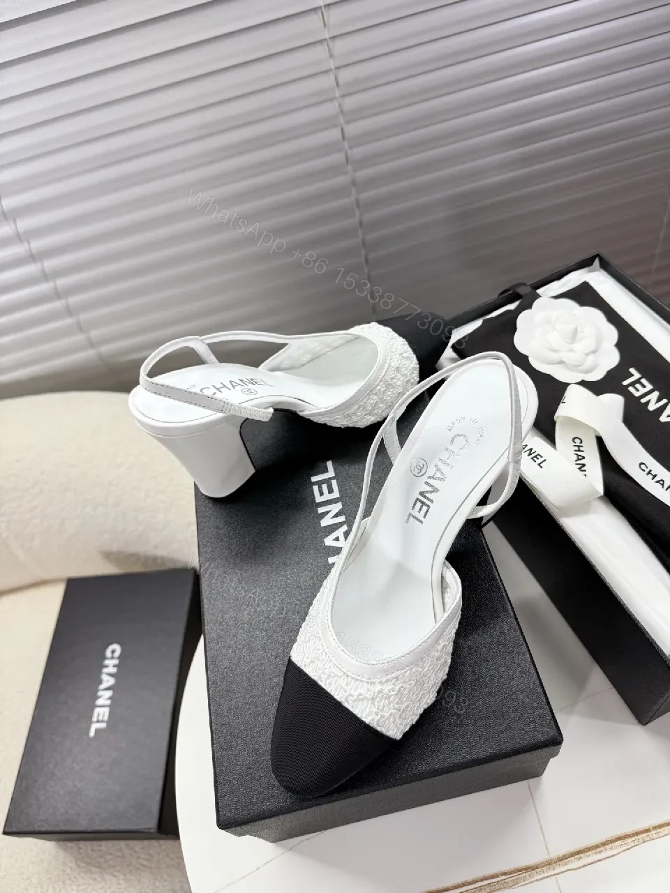 View 6 of Two-Tone Textured Slingback Pumps: Contrast Black Toe, White Body