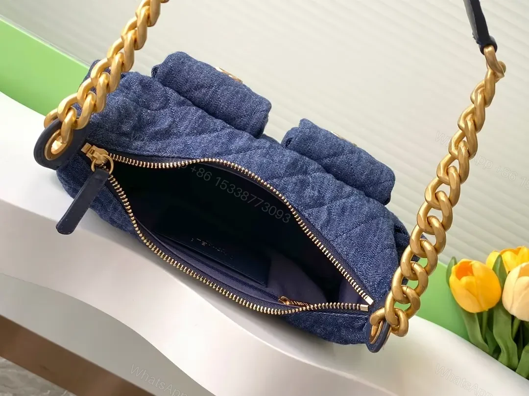 View 6 of Denim-Texture Luxe Shoulder Bag with Gold Hardware