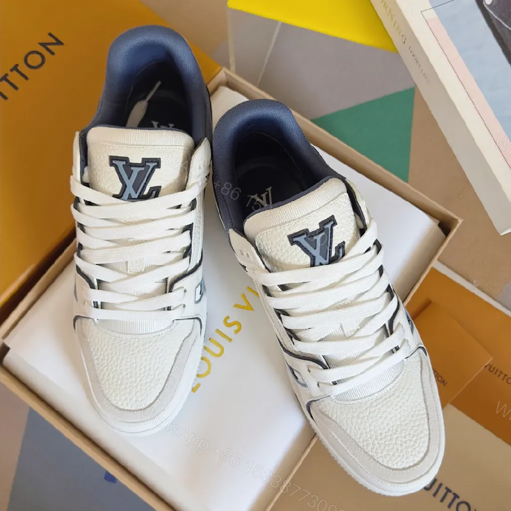 View 7 of Sophisticated White & Navy Luxe Sneaker with Texture