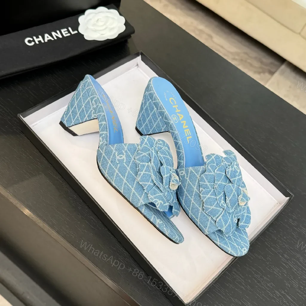 View 3 of Denim-Textured Mules with Floral Detail, Everyday Luxury Comfort