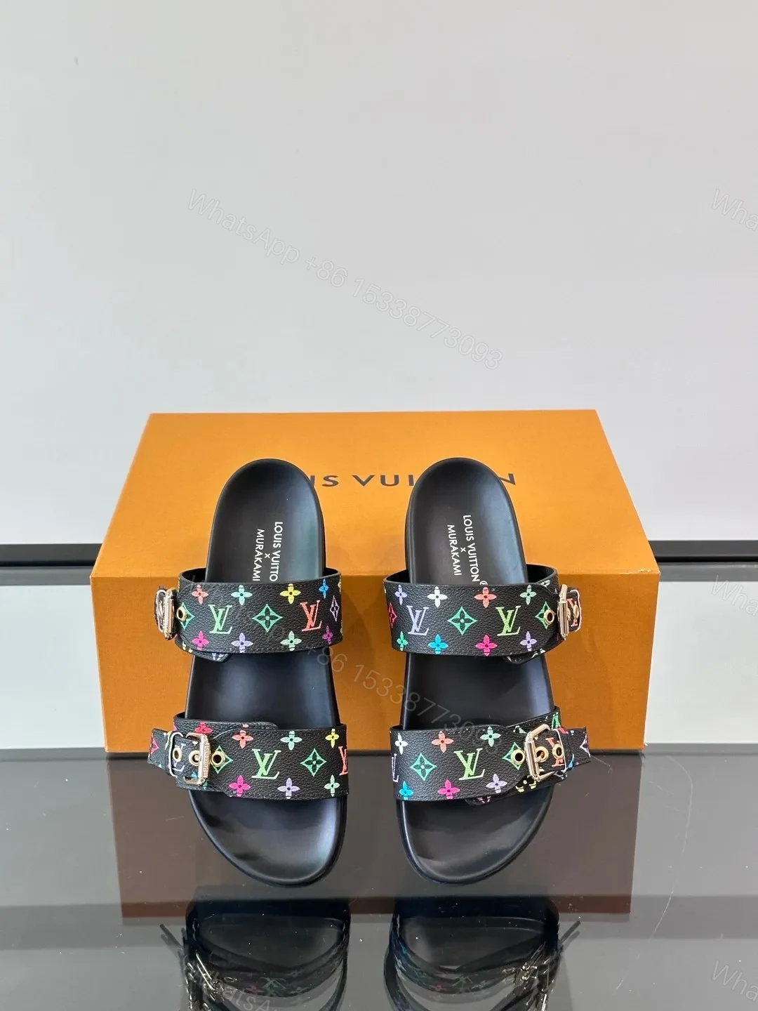 View 6 of LV Men Black Leather Multicolor Monogram Slides