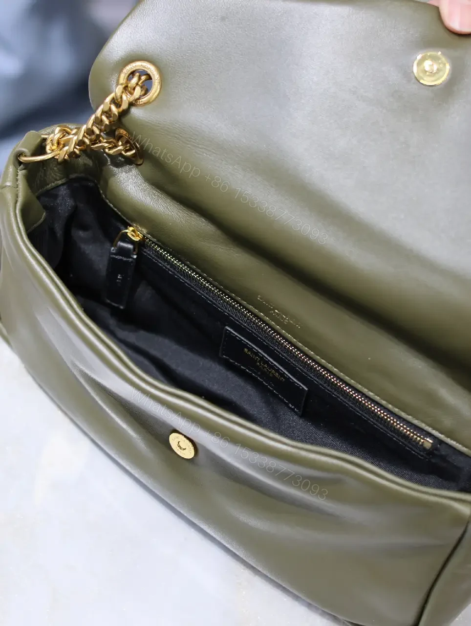 View 4 of Olive Leather Mini Bag: Structured, Gold YSL Logo, Compact Elegance