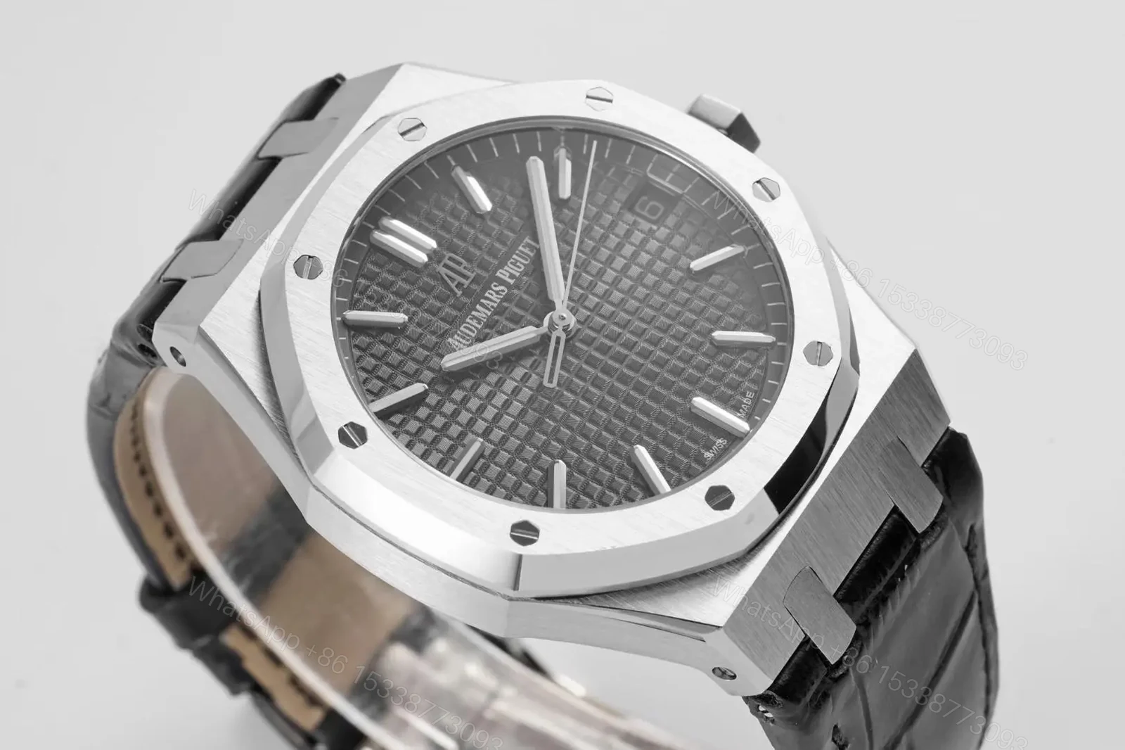 View 2 of V9 Factory Audemars Piguet Royal Oak 15500 Stainless Steel Watch with Black Dial and Leather Strap