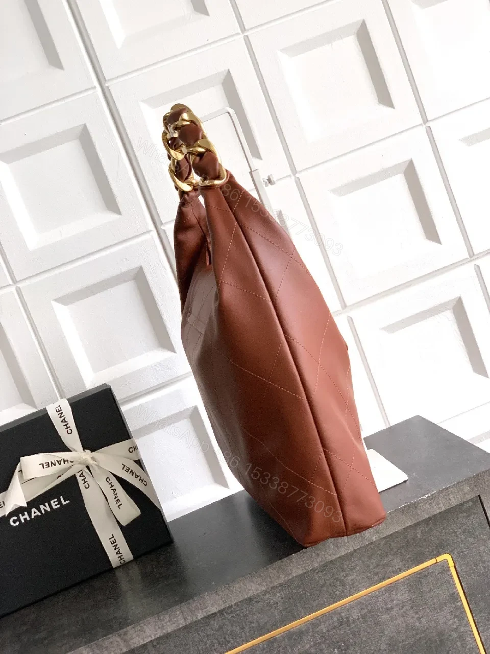 View 6 of Brown Quilted Leather Chain-Shoulder Bag with Gold Logo