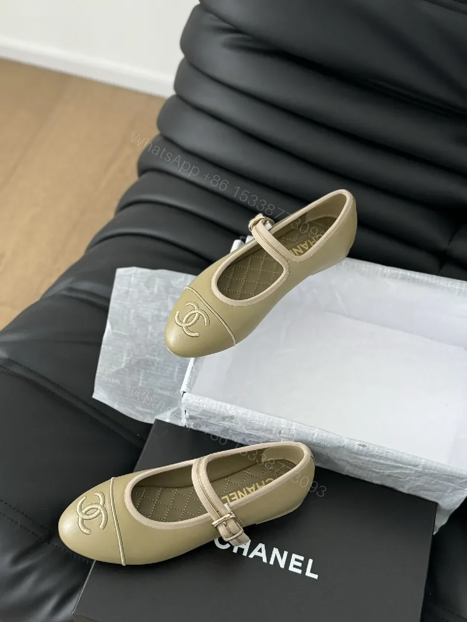 View 2 of Taupe Leather-Look Mary Jane Flats with Cushioned Insole