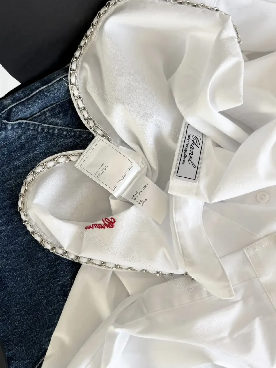 View 5 of White Cotton Shirt Cropped Style with Red Embroidered Chanel Lettering Shirt