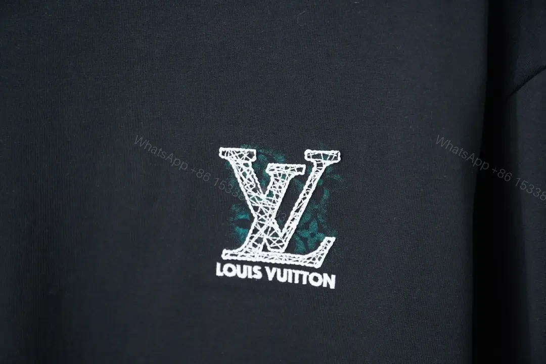 View 7 of Black Cotton Crew Tee with Subtle Crest Embroidery