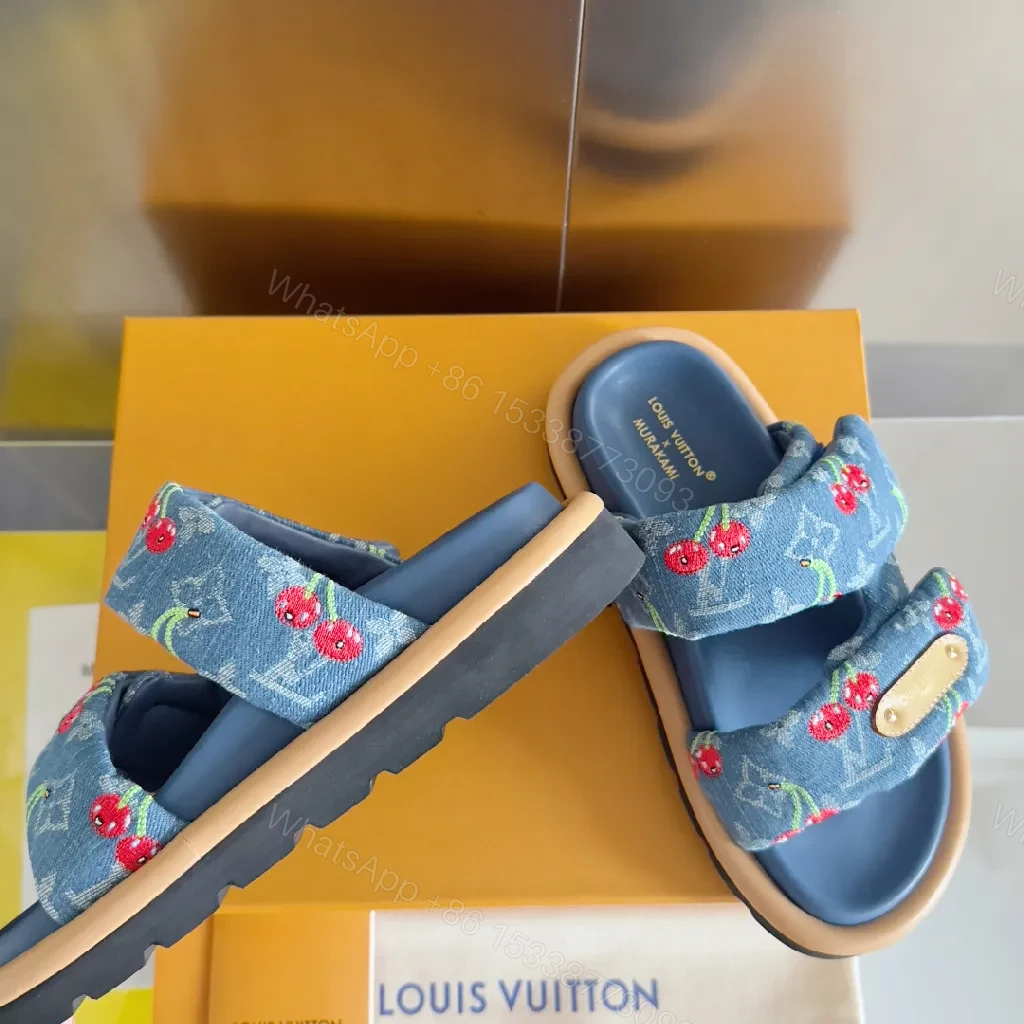 View 5 of Denim Cherry-Embroidered Slides: Playful Luxury Sandals