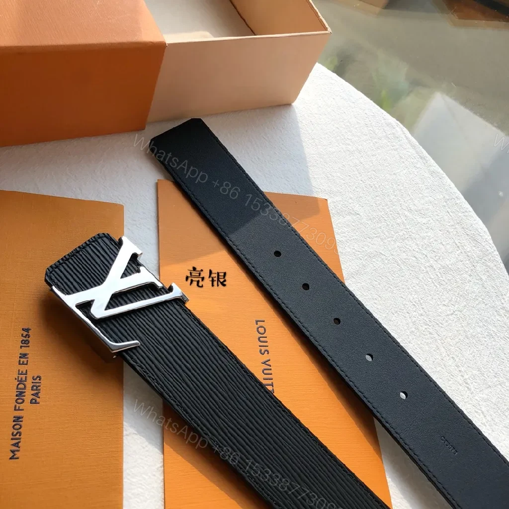 View 4 of Black Leather Belt with Signature LV-Style Buckle - Luxury Casual Belt
