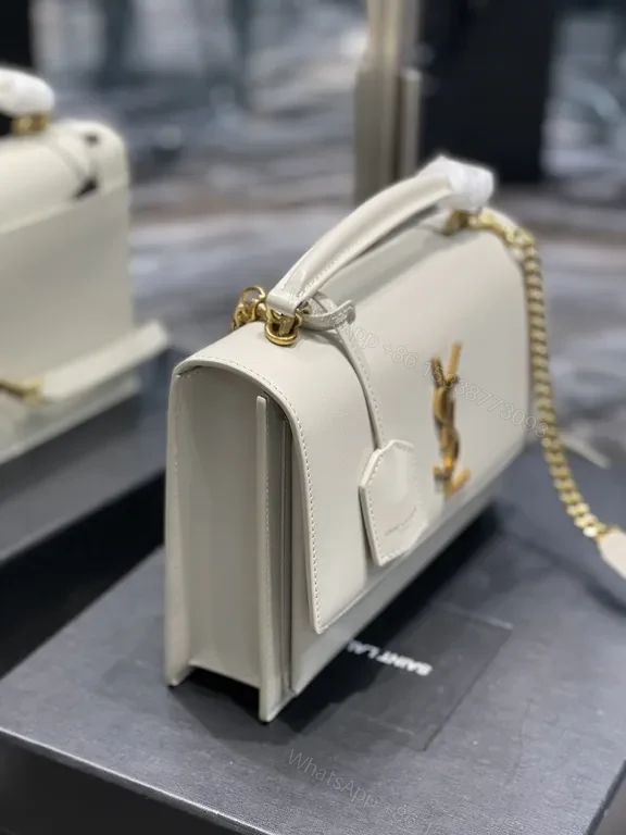 View 9 of Structured Leather Crossbody: White & Gold, YSL Emblem, Compact Luxury Bag