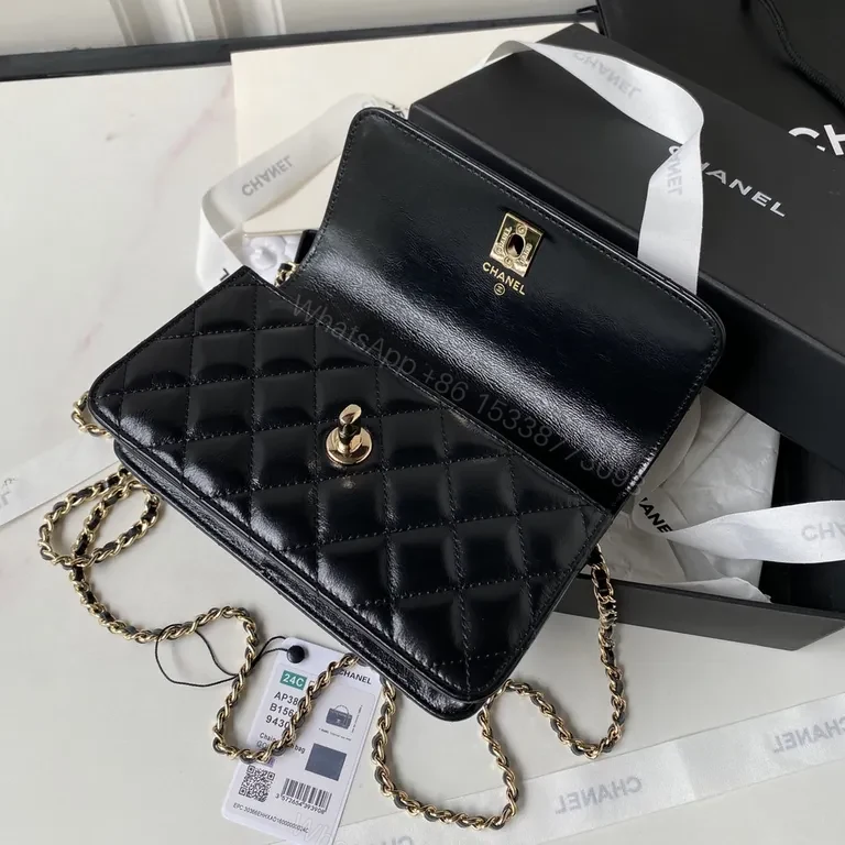 View 4 of Chanel-Inspired Quilted Black Calfskin Bag with Chain