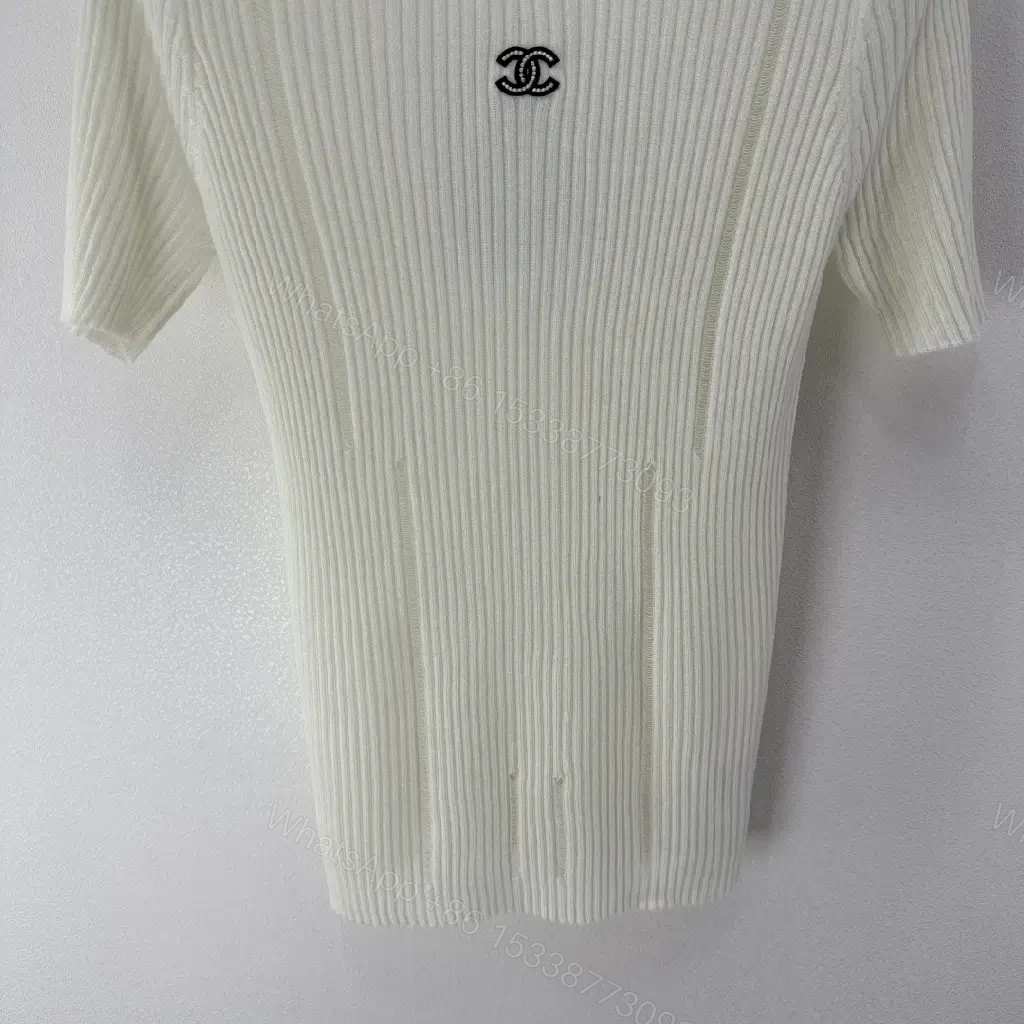 View 10 of Minimalist Ribbed Knit Tee with Subtle Crest Logo - White/Creme, Premium Knit, Crewneck Tee