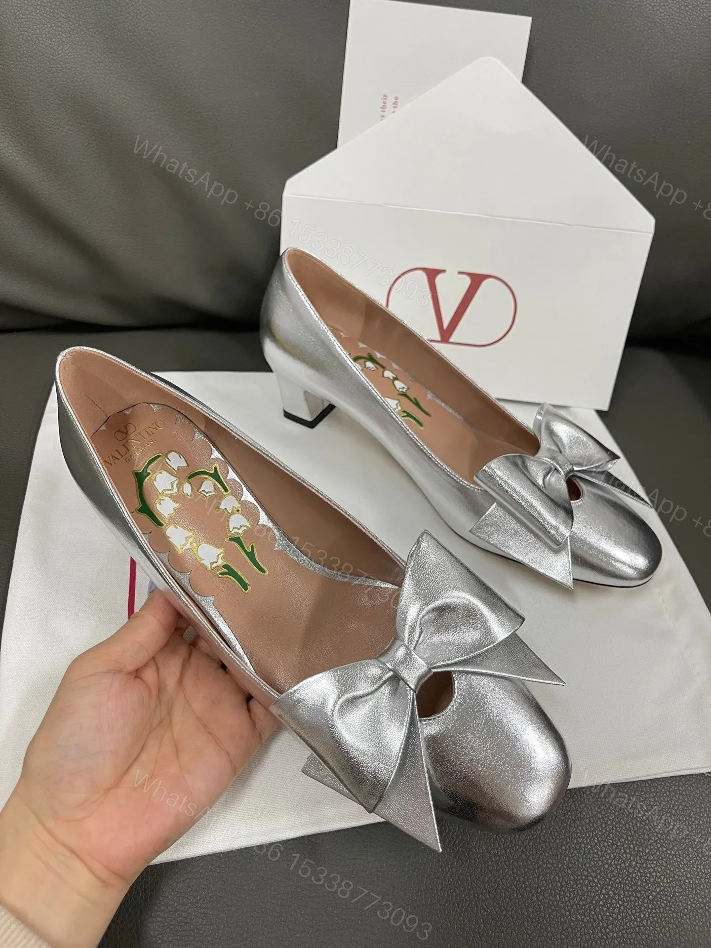 View 5 of Valentino Women Silver Leather Bow Detail Flats