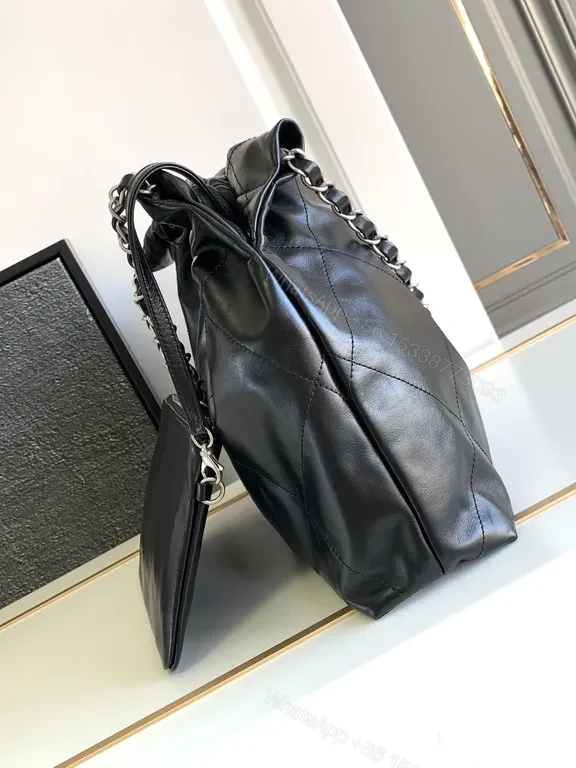 View 7 of Quilted Black Leather Tote with Chain - Luxe Everyday Bag