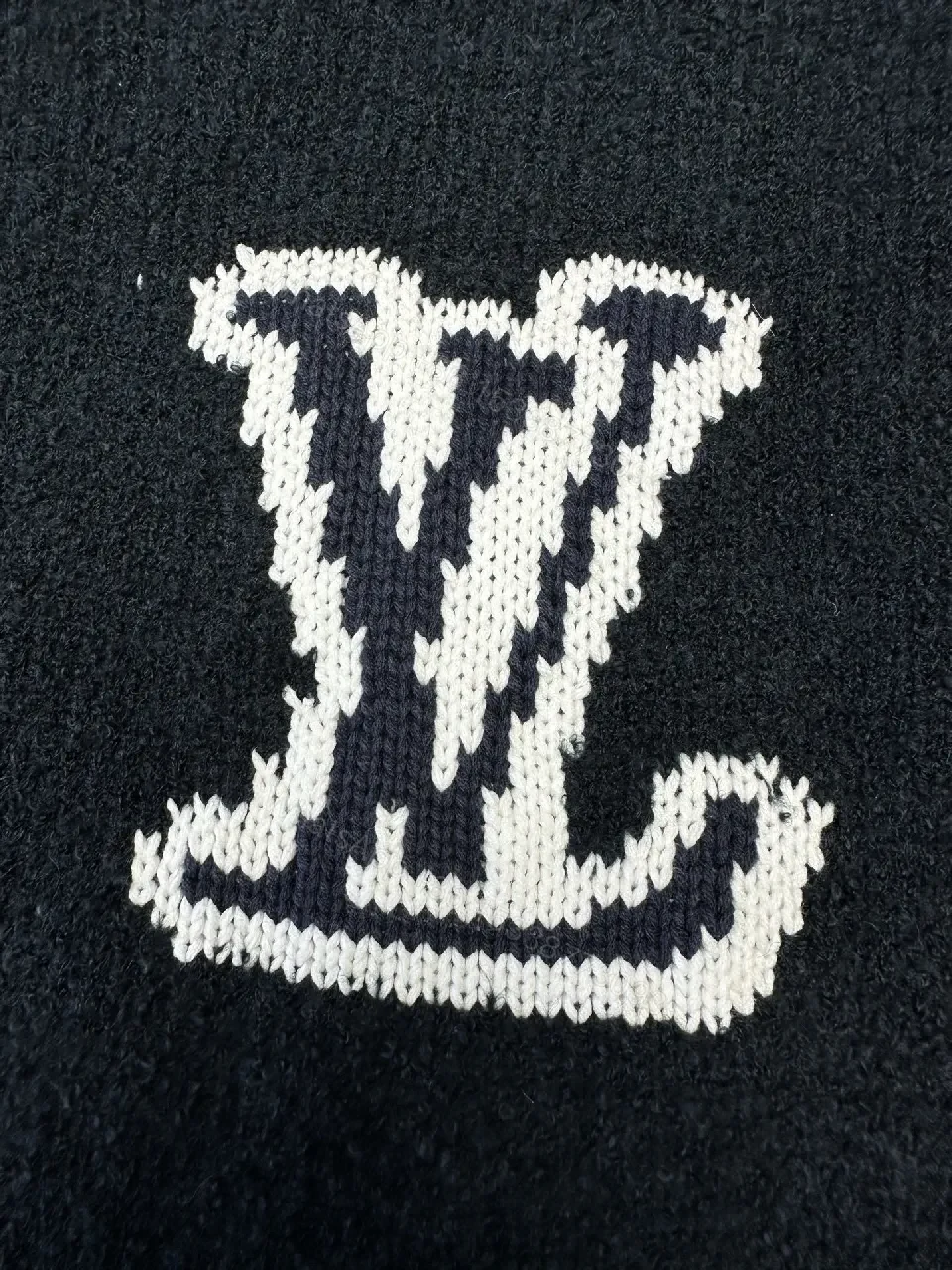 View 9 of Textured Knit Crewneck with Subtle LV Emblem, Navy, Mid-Weight Luxury