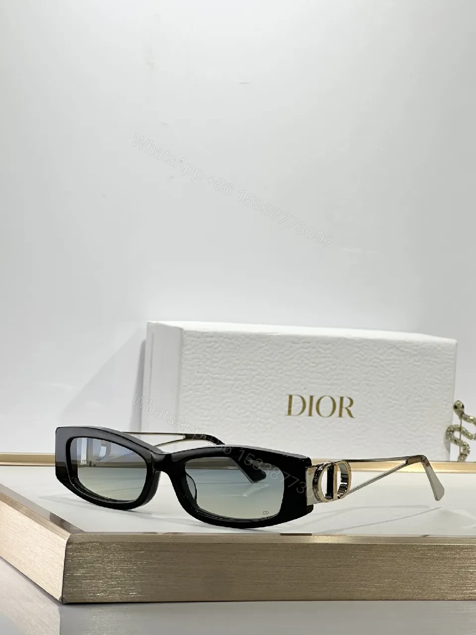 View 6 of White Rectangular Sunglasses with Dior-Gold Accents: Modern Luxury Sideways