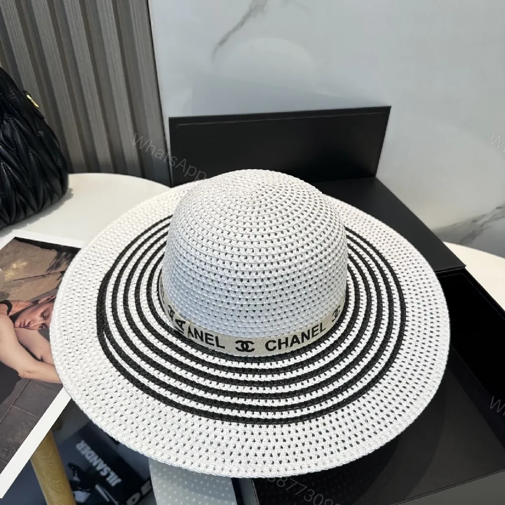 View 8 of White Straw Hat with Chanel-Inspired Band, Wide Brim, Luxe Comfort