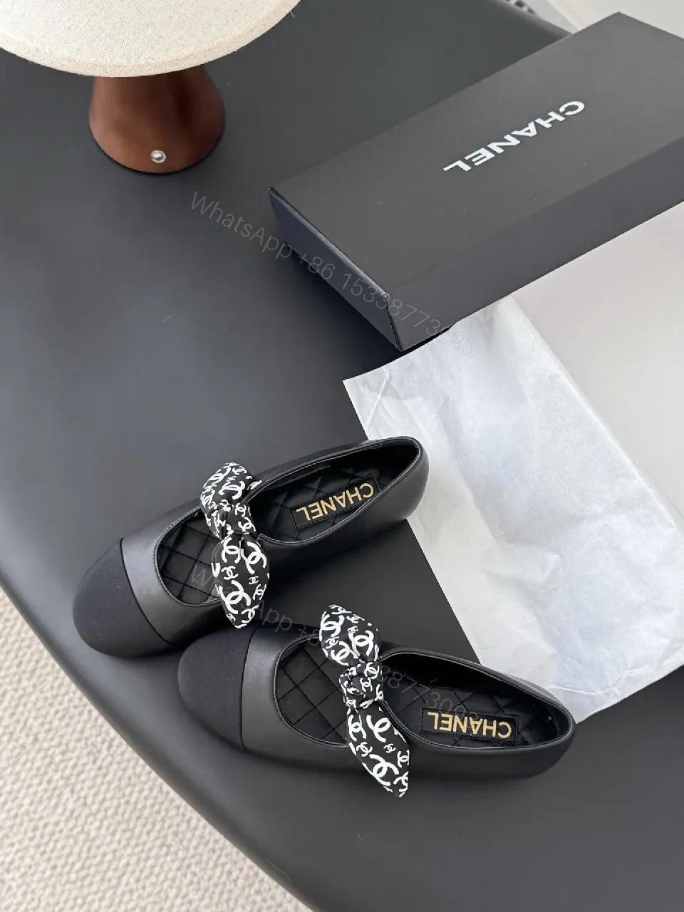 View 8 of Black Quilted Ballet Flats with Logo Bow - Chic, Comfortable Flats