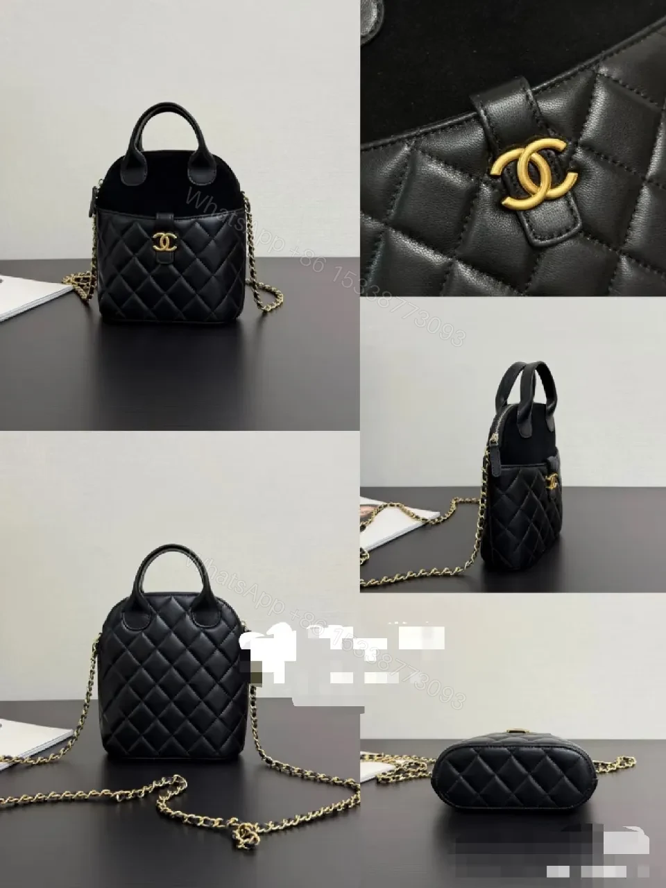 View 8 of Quilted Leather Mini Bag with Velvet Accents, Gold Chain