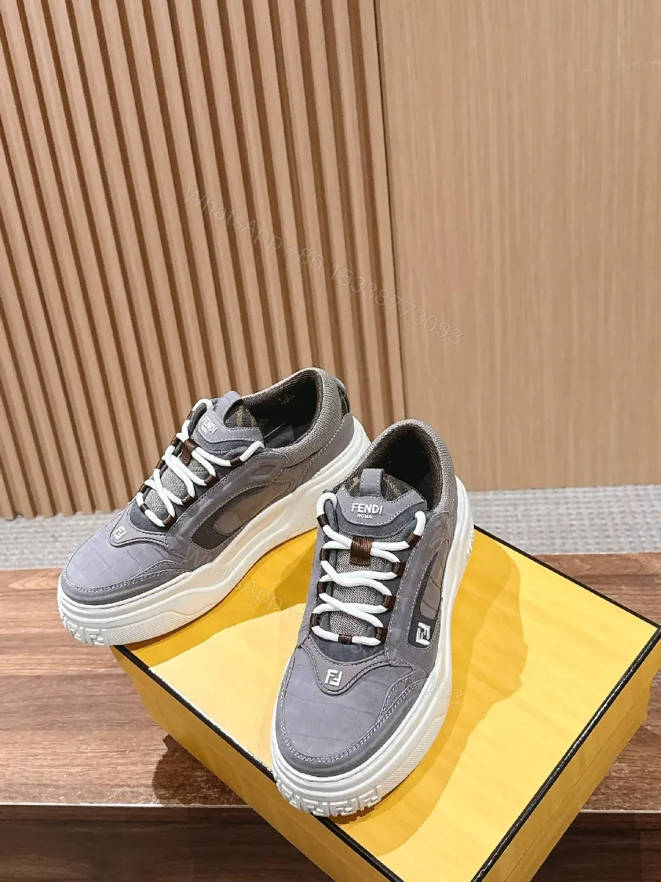 View 10 of Gray LeatherMesh Shoes Chunky Style Cushioned Sole Sneaker