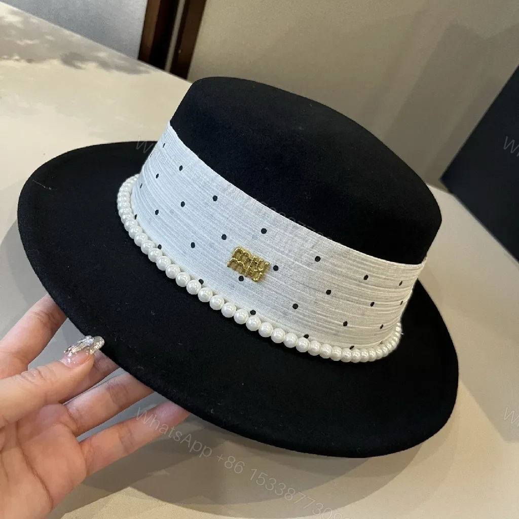 View 7 of Polka Dot Wide-Brim Hat with Pearl Trim, Felt, Luxe Style