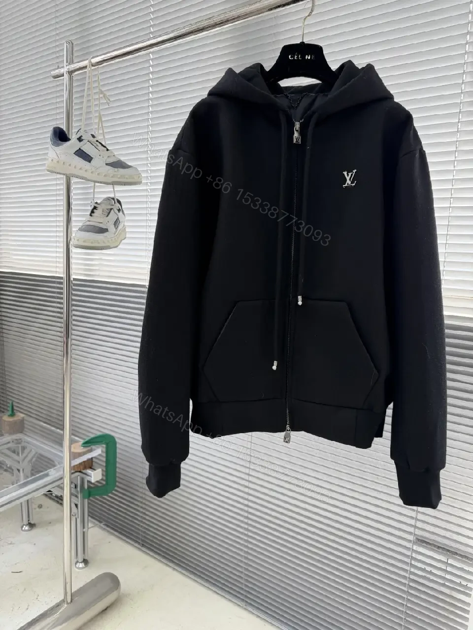Black Cotton-Blend Zip Hoodie: Luxe Monogram-Inspired Detail — view 1
