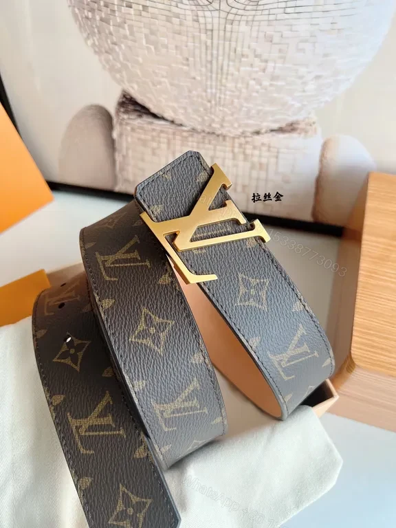 View 3 of Louis Vuittonâ€“Inspired Monogram Belt with Gold Buckle