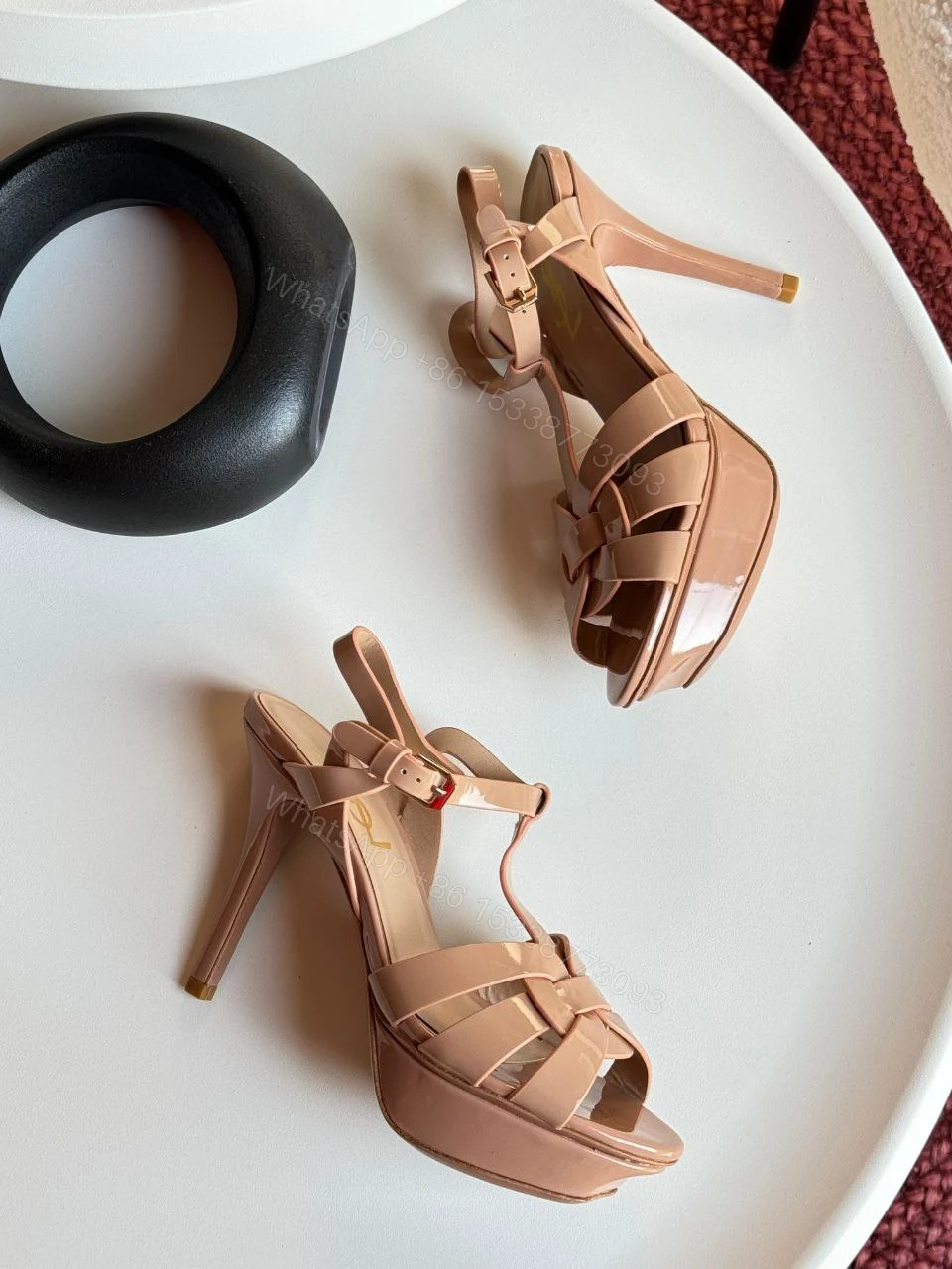 View 5 of Saint Laurent Burgundy Patent Leather Tribute Ankle Strap Sandals