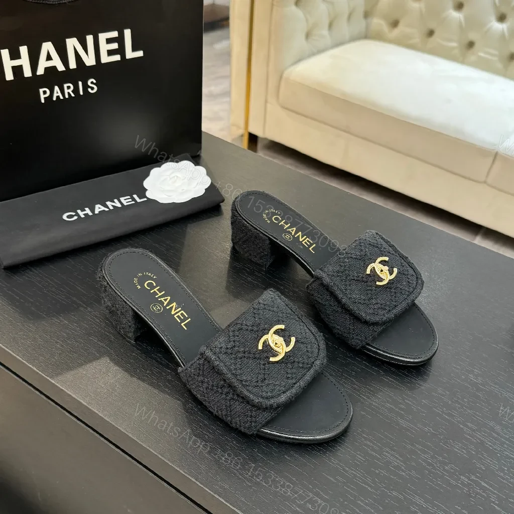 View 2 of Black Textured Slip-Ons with Gold Logo Hardware, Open-Back Slide