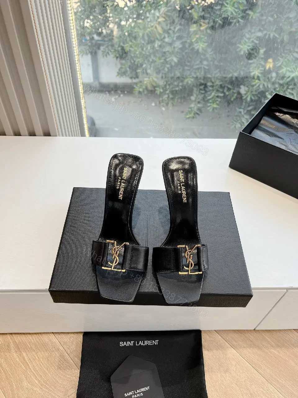 Black Satin Mules with YSL Gold Emblem - Luxe Everyday Glam — view 1