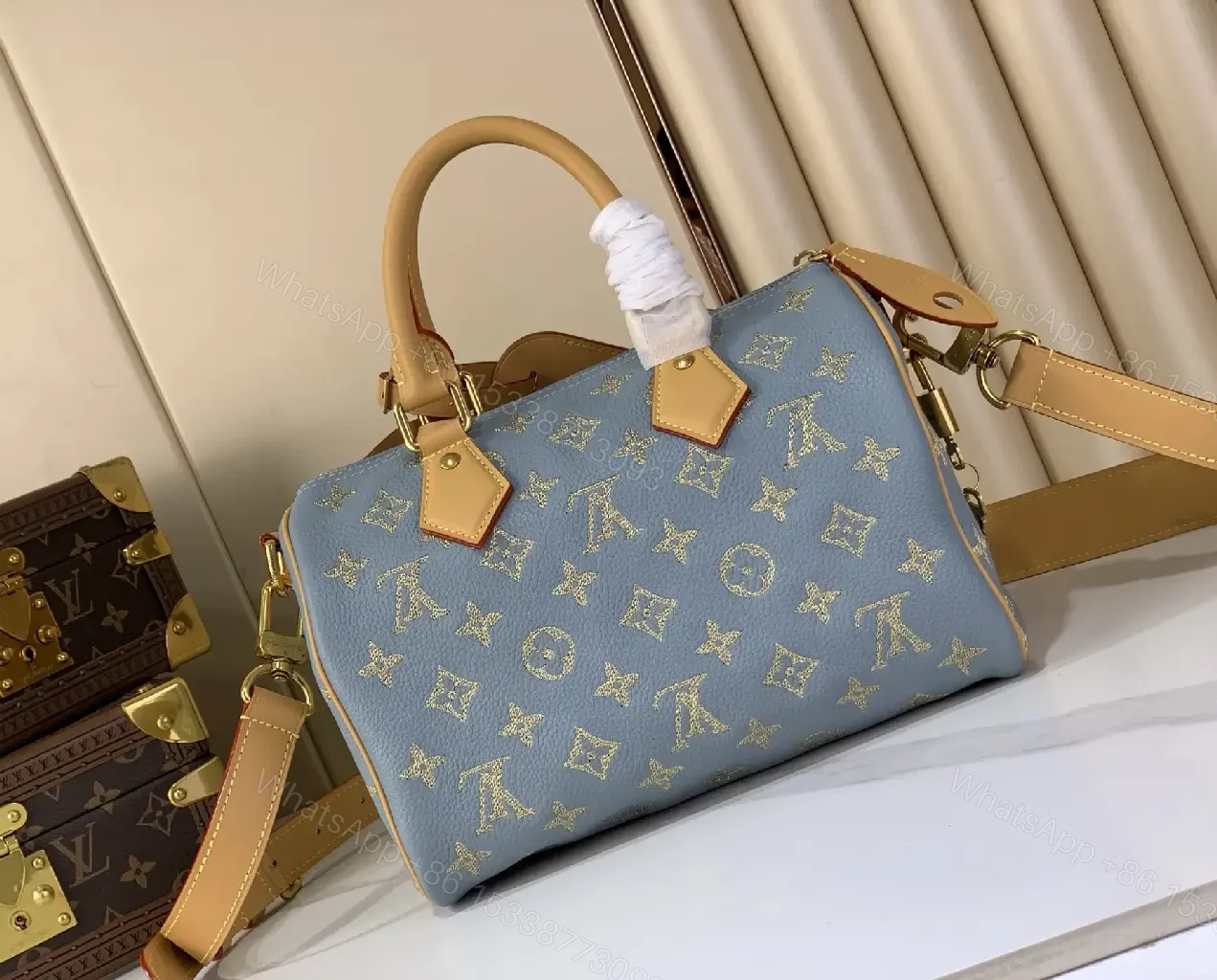 View 5 of Light Blue LV Monogram Tote Bag with Tan Leather Accents