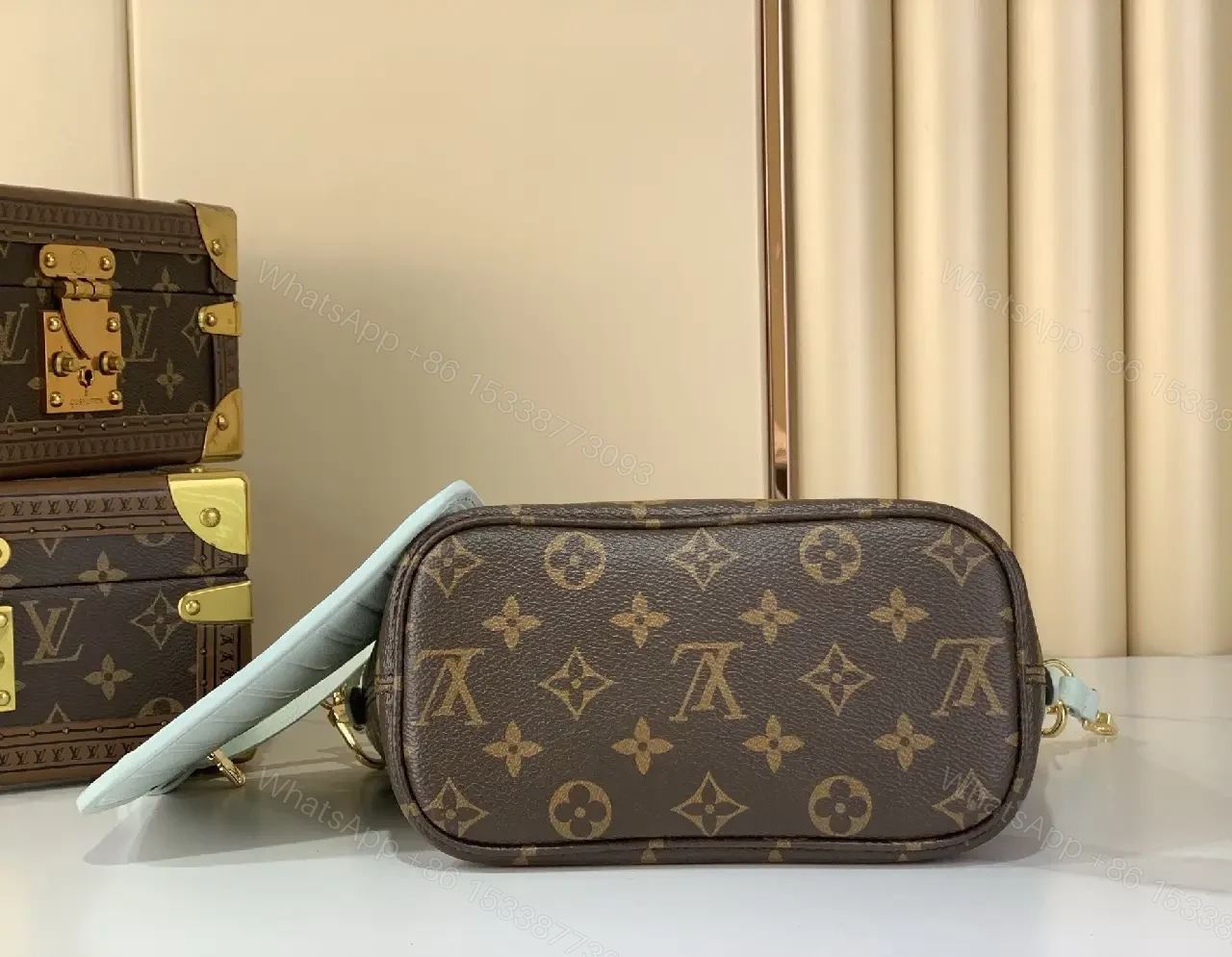 View 8 of Powder Blue Leather Trim Monogram Canvas Tote: Structured Luxury