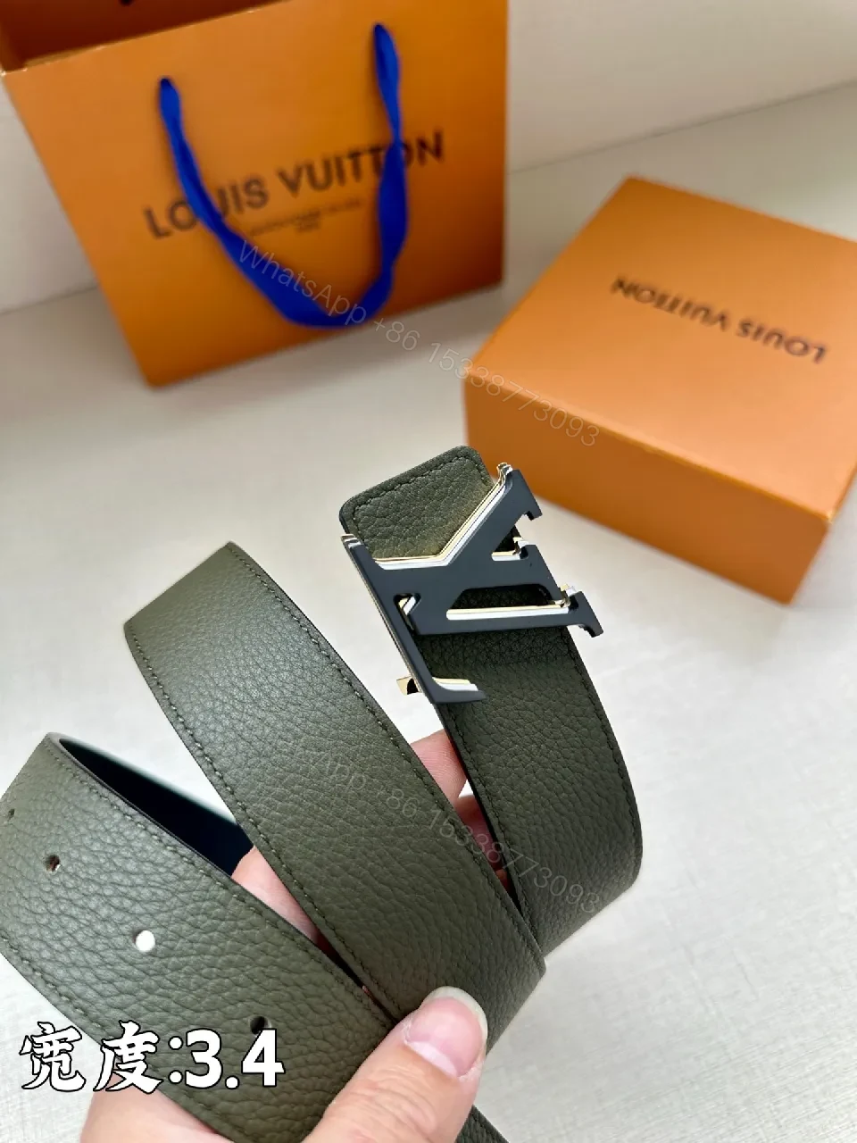 View 4 of Lux Black Pebbled Leather Belt with Iconic Buckle