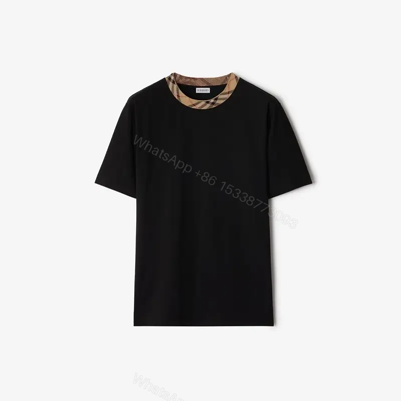 Black Cotton T-shirt Plaid Neckline Detail Short Sleeve Tee — view 1