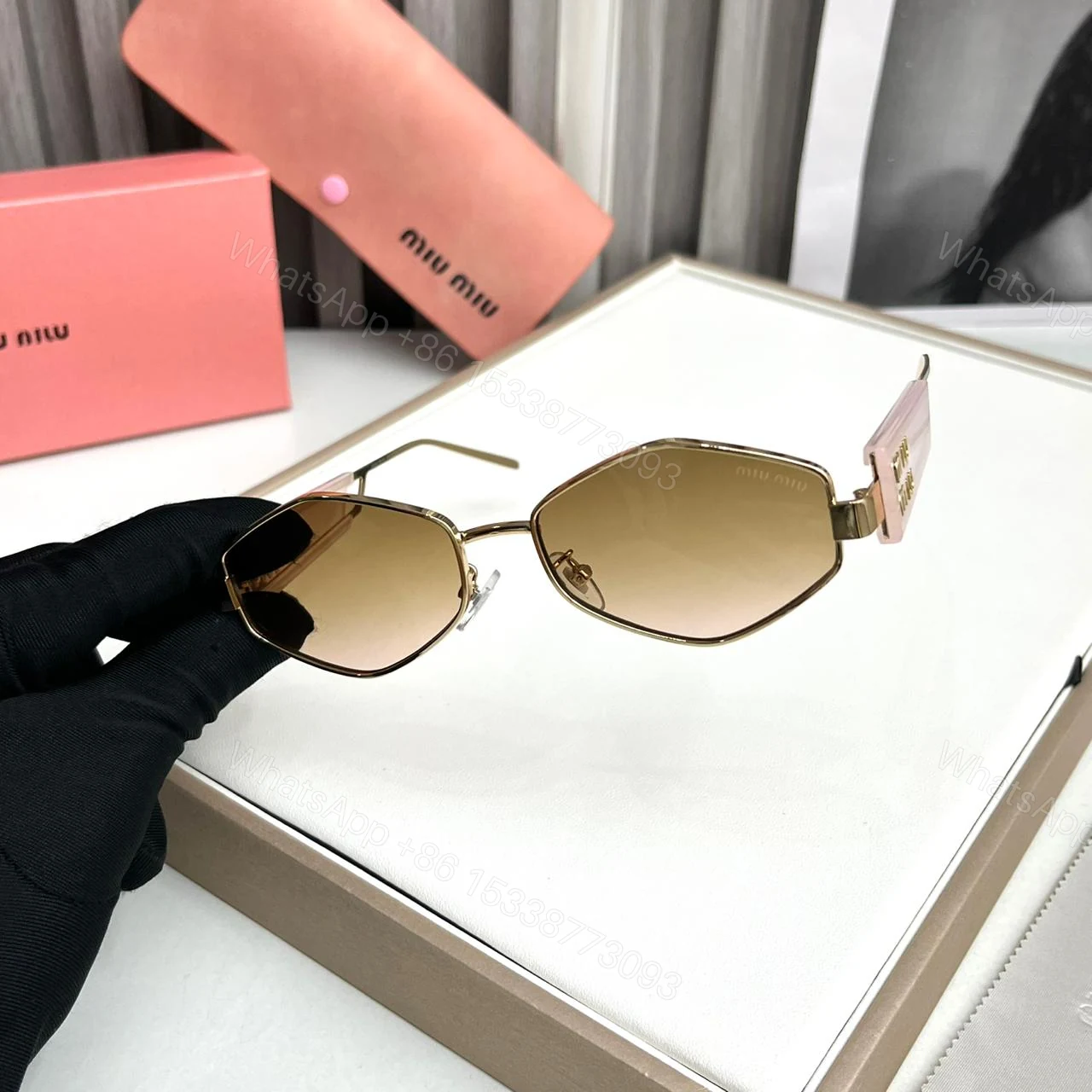 View 2 of Miu Miu Hexagon Pink-Brown Sunglass – One Size