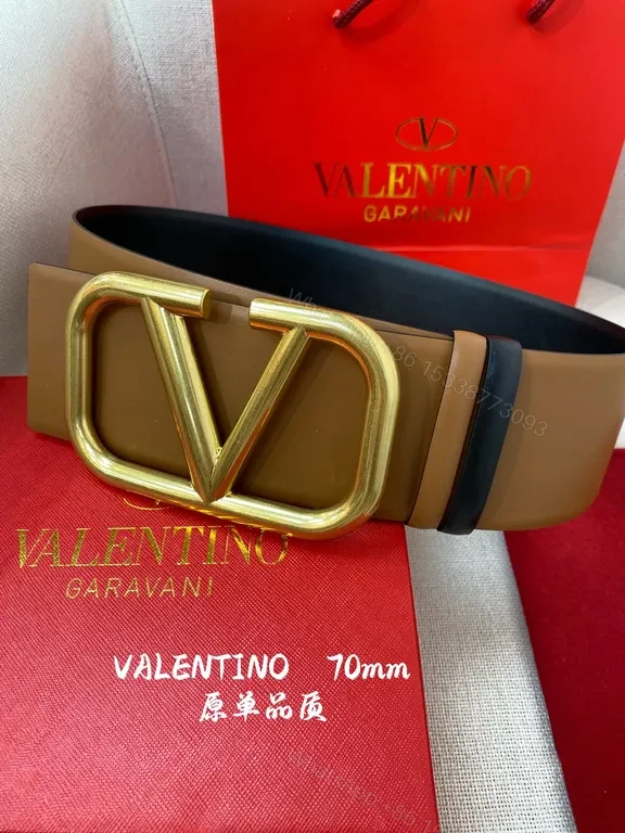 View 3 of Bold Gold Buckle Tan Leather Belt: Valentino Garavani 70mm
