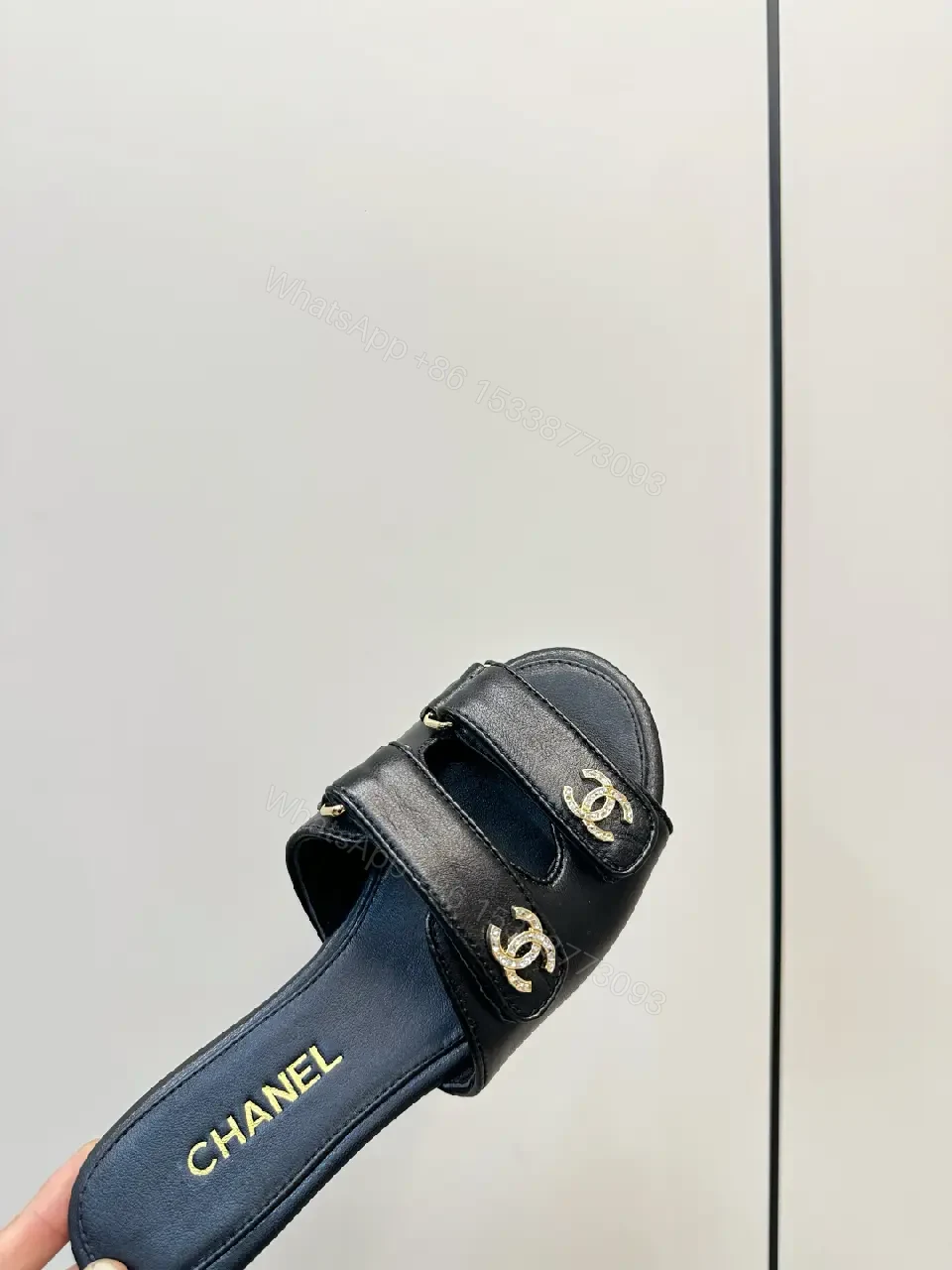 View 4 of Black Leather Slip-On Sandals with Gold Hardware - Sophisticated Everyday Glam